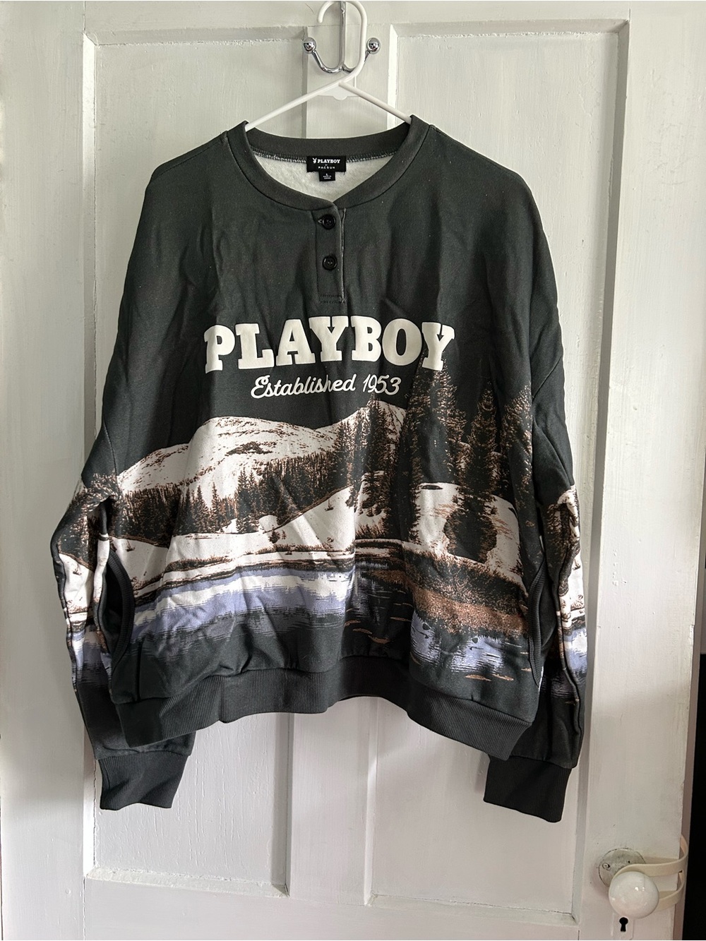 PLAYBOY Black Scenic Crewneck Sweater with Landscape Graphic